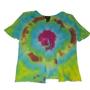 Y2K Rue 21 Tie Dye Ribbed Short Sleeve Top Tie Front Cardigan Festival Medium